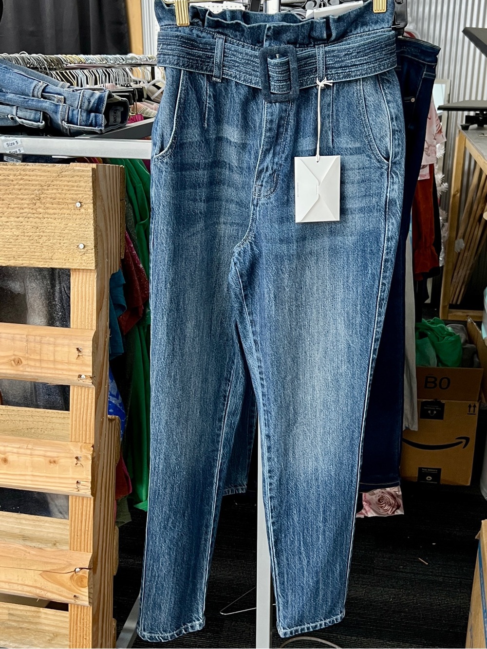 KanCan High-Rise Paperbag Waist Blue Denim Jeans with Self Belt